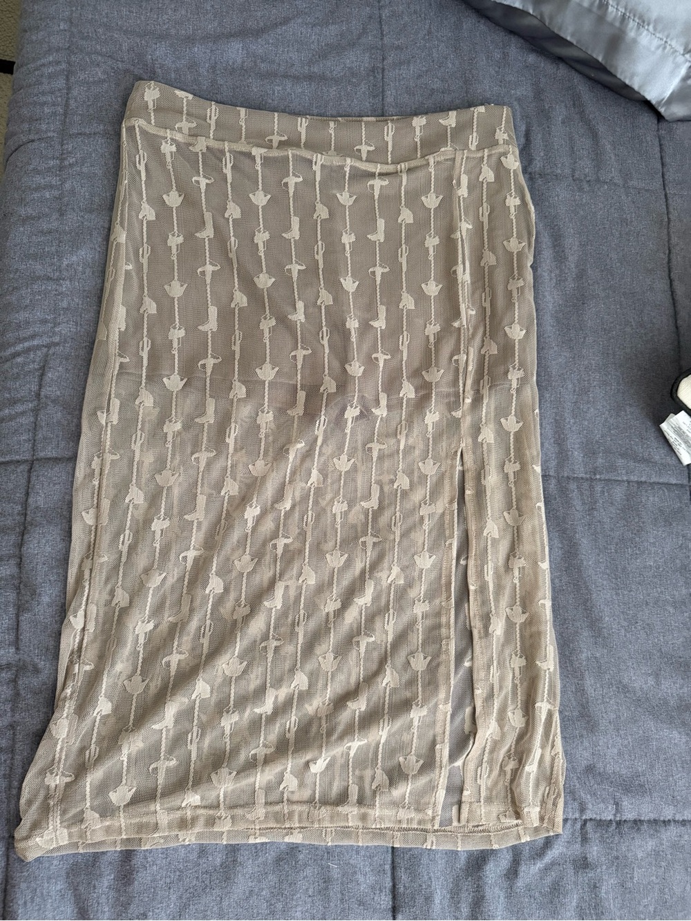 Beige Patterned Midi Skirt with Subtle Side Slit